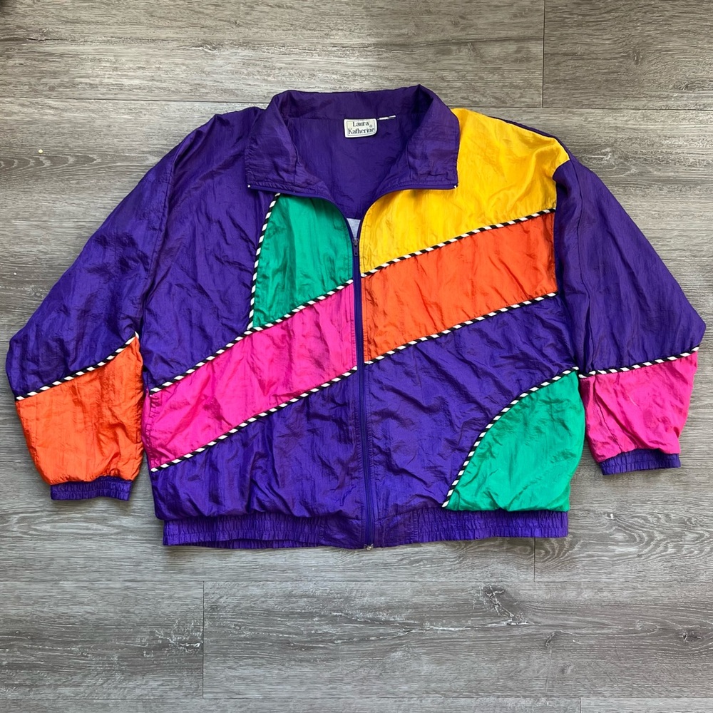 70s/80s Vintage Purple and Multi-Coloured Windbreaker Jacket - Picture 4 of 8